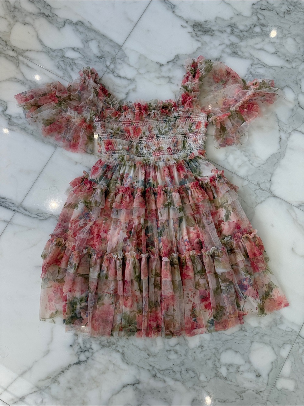 Needle & Thread Pink Floral Ruffle Mini Dress